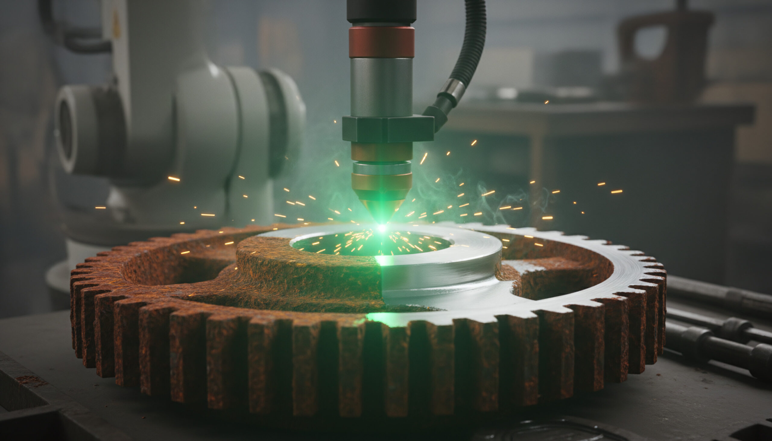 Industrial laser cleaning beam removing rust from metal gear surface laser cleaning for machinery