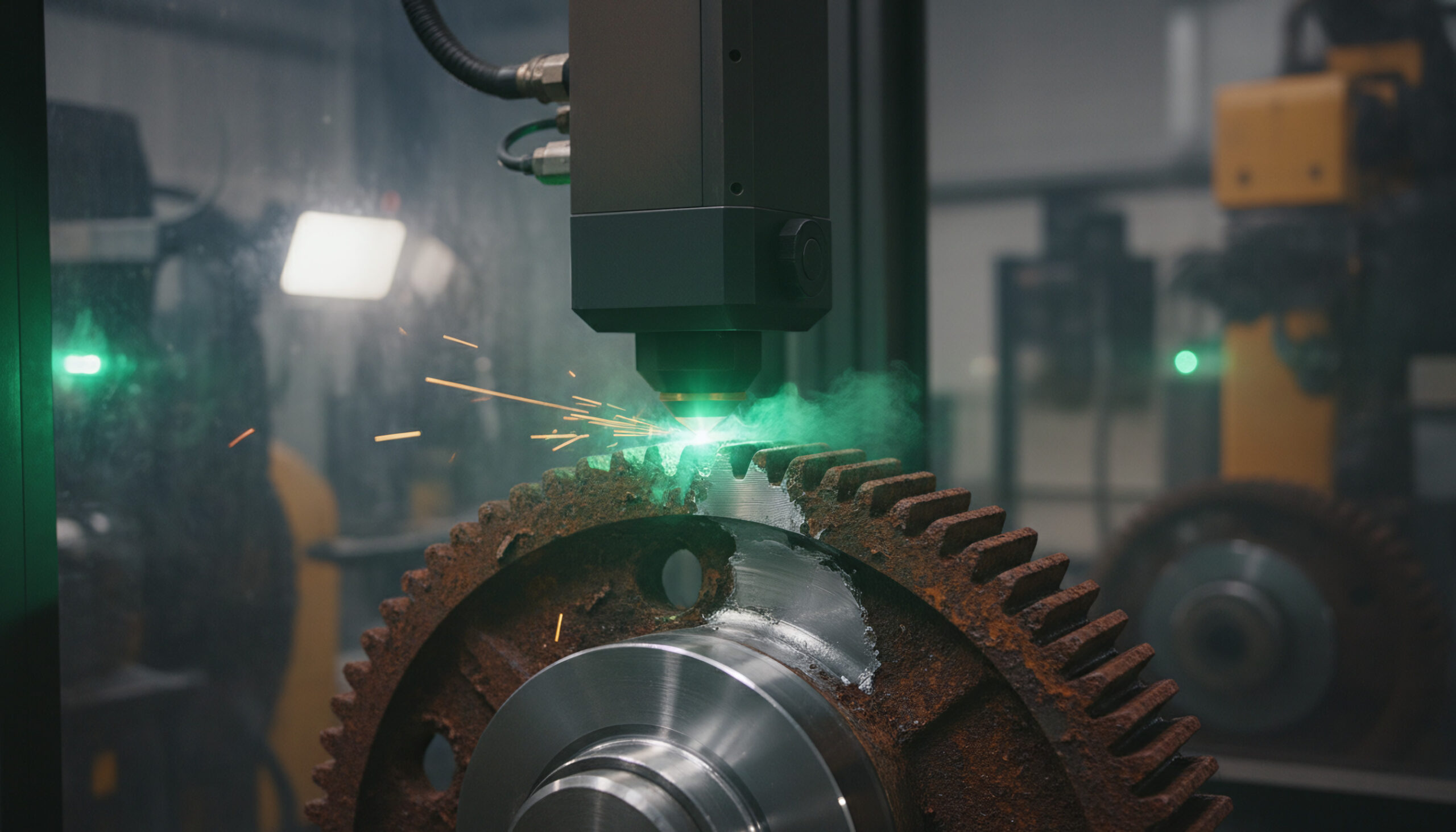 Industrial laser cleaning beam removing rust from metal gear surface https://lsrlaser.com/wp-content/uploads/2026/04/Technology-1-scaled.jpeg