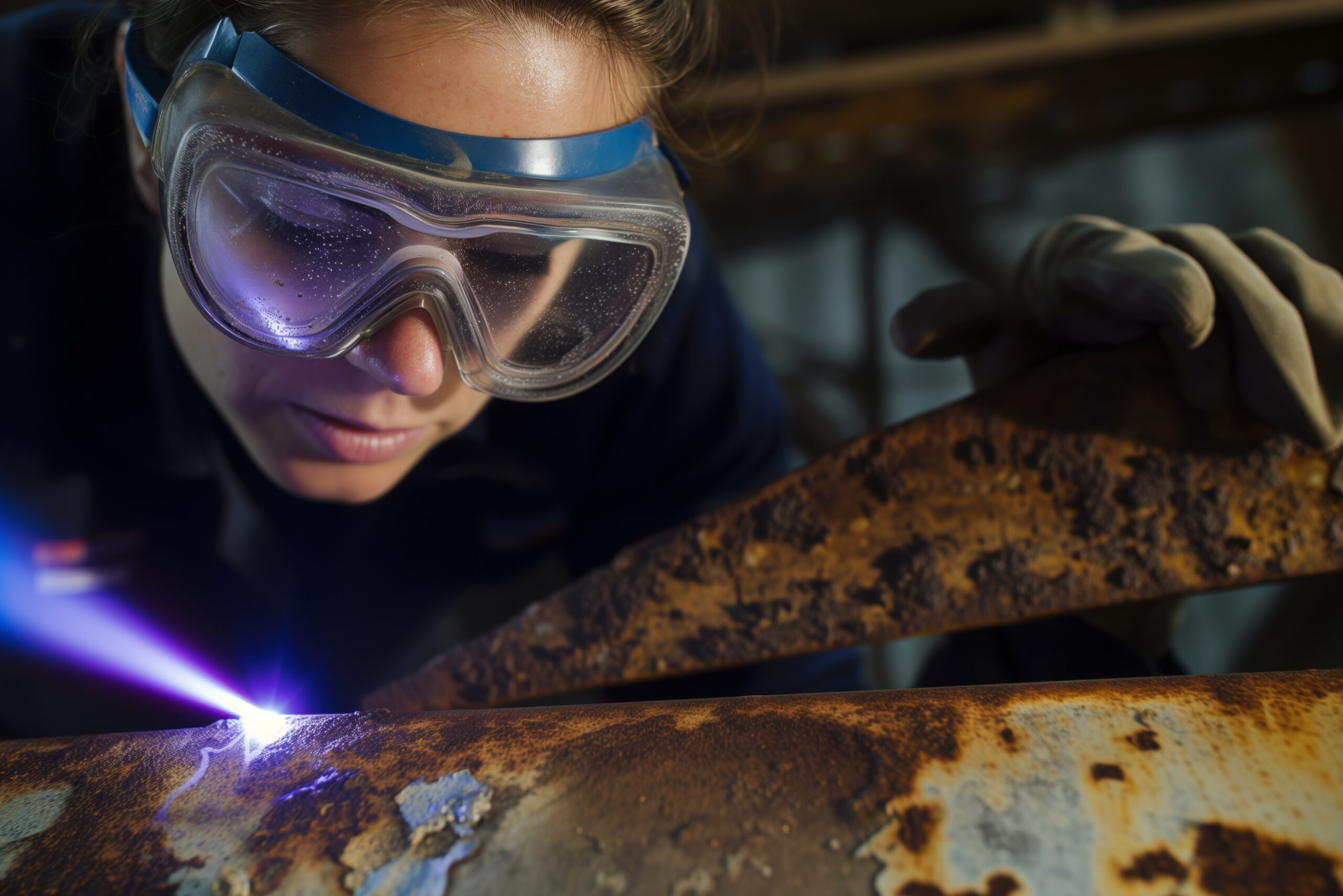 person wearing safety goggles using laser to clean rusty metal surface, created with generative ai